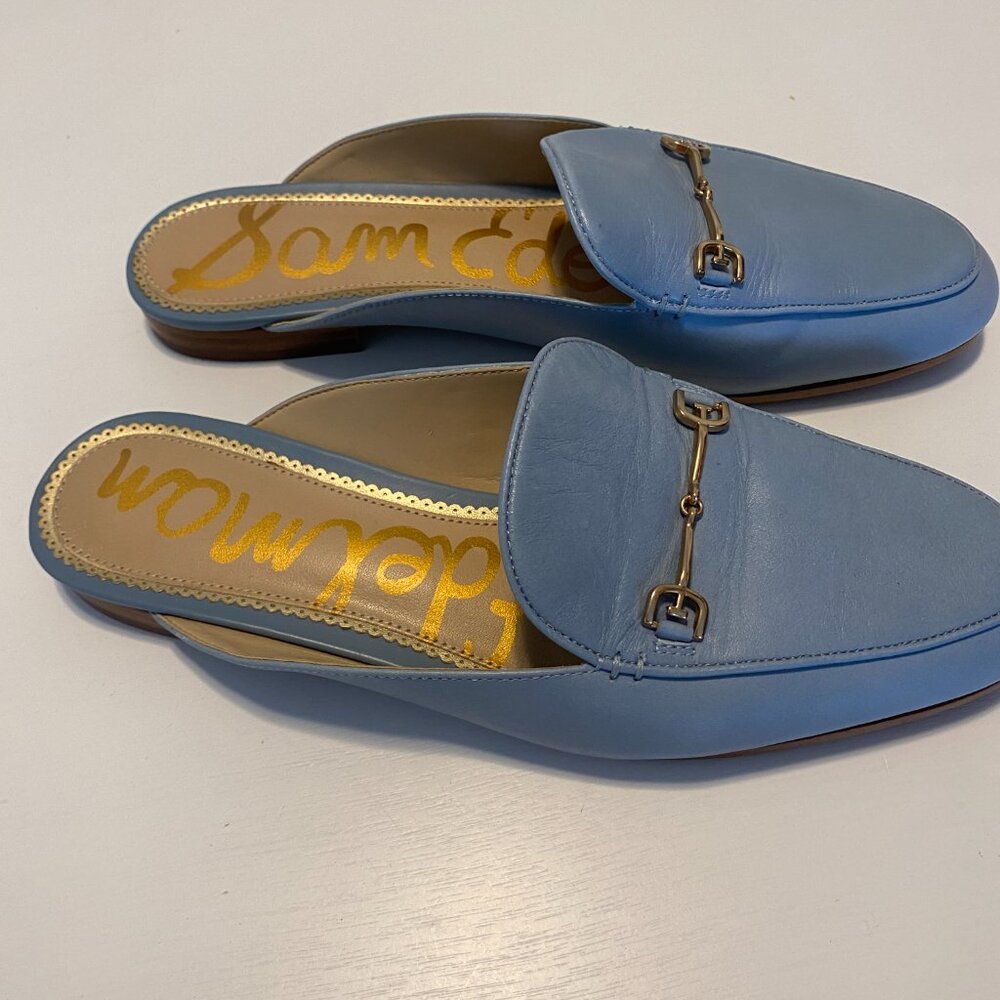 Sam Edelman Blue Leather Horse Bit Mule Shoes - Picture 3 of 5